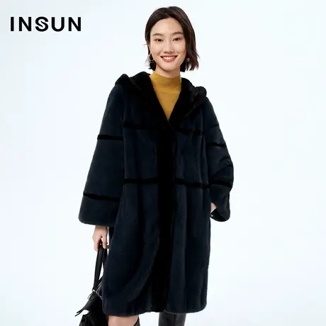 INSUN恩裳2022冬季复古羊毛皮一体连帽外套图片