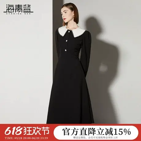 海青蓝法式优雅连衣裙秋装撞色娃娃领时尚中长裙收腰显瘦裙子女图片