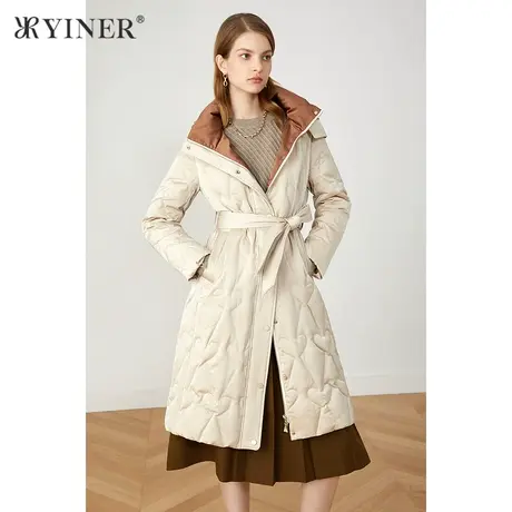 YINER音儿商场同款女装2021冬季新款长款系带撞色连帽羽绒服图片