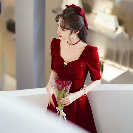 红色礼服敬酒服新娘丝绒订婚回门服便装裙子小个子连衣裙平时可穿图片