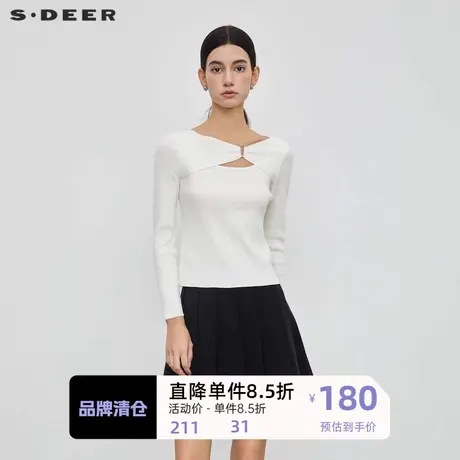 sdeer圣迪奥女装优雅V领拼接碎褶修身针织衫S23463515图片