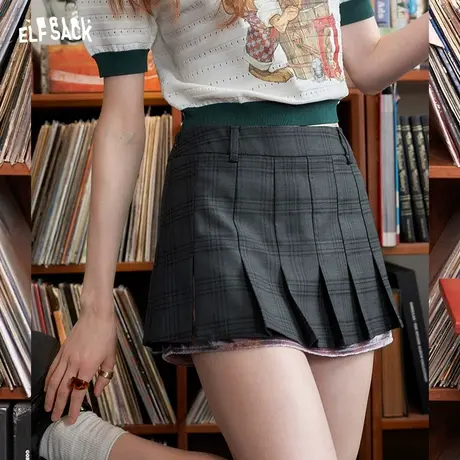 妖精的口袋灰色百褶裙女2023秋季新款小个子显瘦a字格子半身裙图片