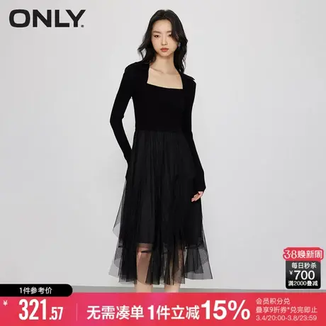 ONLY2023秋季新款气质网纱拼接中长裙修身黑色连衣裙女|123107084图片