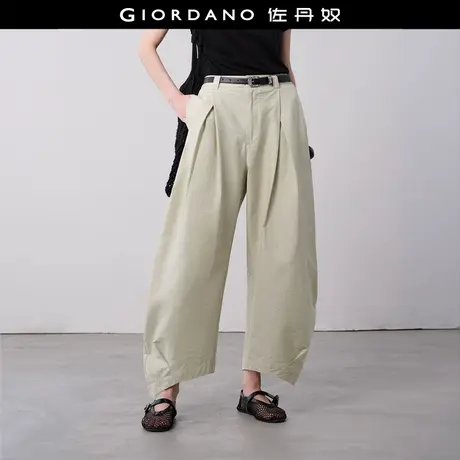 设计师款佐丹奴裤子女夏收褶弯刀裤半松紧腰休闲阔腿裤女18415517图片