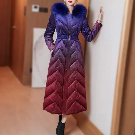冬季羽绒服女2023年新款修身时尚长款连帽保暖大毛领过膝羽绒外套图片