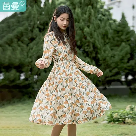 茵曼2023春女装新款田园复古印花抽绳收腰显瘦木耳边翻领连衣裙图片