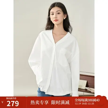 【商场同款】茵曼纯棉衬衣2023秋季女装新款V领落肩长袖宽松上衣图片