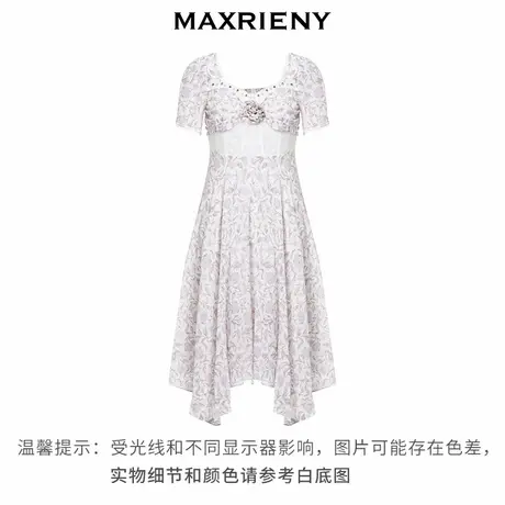 【奥莱】MAXRIENY法式玫瑰印花鱼骨碎花连衣裙桑蚕丝裙子图片