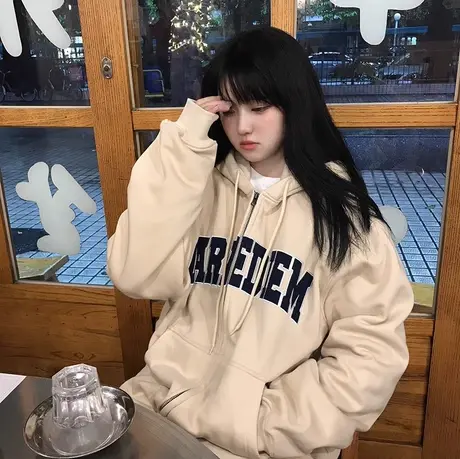 美式复古oversize卫衣女春秋季薄款韩系慵懒风小个子连帽开衫外套图片