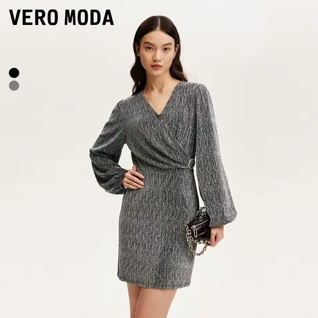 Vero Moda连衣裙女2024秋季新款V领不对称围裹式闪片亮丝中长裙图片