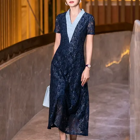 夏季蕾丝连衣裙女2025新款时尚优雅气质端庄中长款v领显瘦拼接裙图片