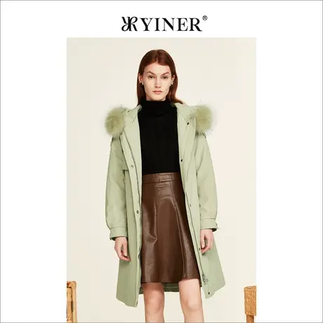 YINER音儿专柜女装2022冬季新款貉子毛领中长裤连帽羽绒服图片