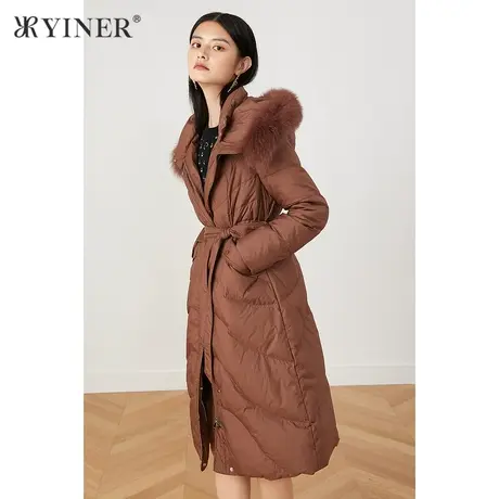 YINER音儿商场同款女装2021冬季新款长款狐狸毛领连帽羽绒服图片