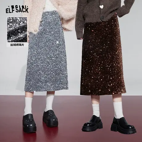 妖精的口袋亮片丝绒半身裙女2024冬季新款设计感高腰a字半身裙子图片