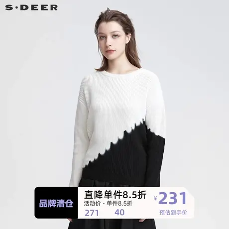 【sdeer奥莱】圣迪奥女装罗纹圆领撞色落肩袖宽松针织衫S22183518图片