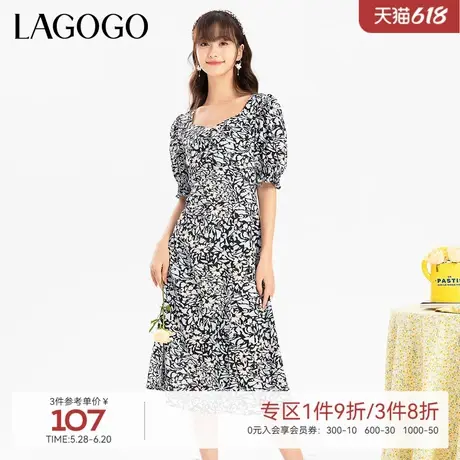 LAGOGO雪纺连衣裙女拉谷谷新款V领夏日多巴胺甜美泡泡袖A字印花裙图片