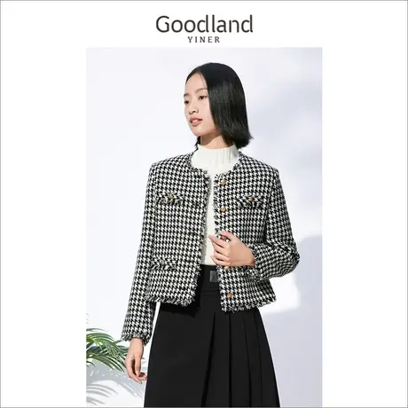 *【小香风】Goodland美地女装冬季短款千鸟格外套女图片