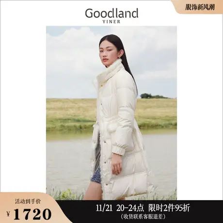 [聚暖白鹅绒]Goodland美地女装2023冬季绒暖毛领立领长羽绒服图片
