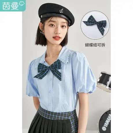 茵曼花边翻领衬衫女2023夏季新款气质泡泡袖蝴蝶结宽松新疆棉衬衣图片