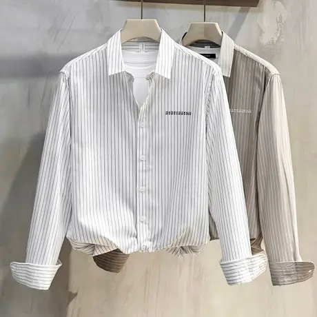 男士衬衣长袖高级感男装上衣服日系条纹休闲衬衫男春秋季新款潮流图片