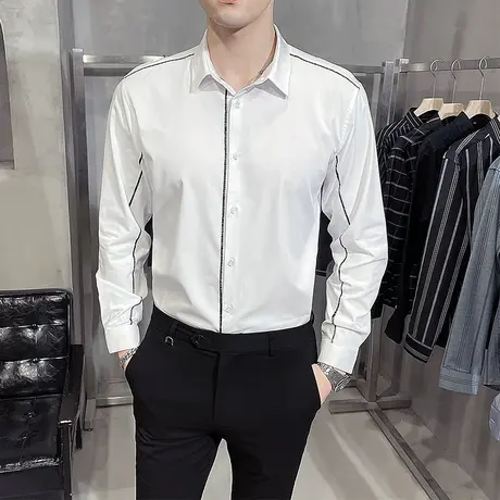 春秋季新款青年时尚韩版修身长袖衬衫男士高级感潮流百搭个性衬衣图片