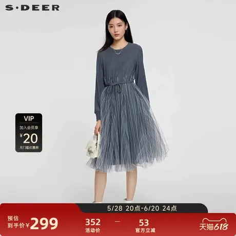sdeer圣迪奥女装圆领收腰网纱拼接长袖连衣裙S223Z12DJ图片