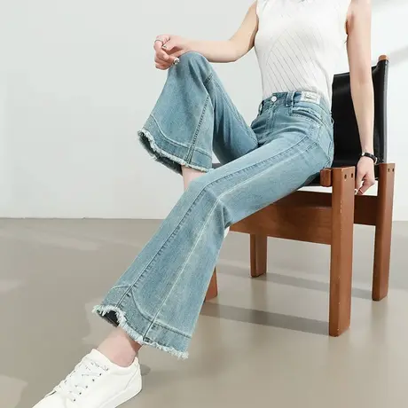 毛边四面弹微喇牛仔裤女夏季薄款九分小个子大码胖mm高腰喇叭裤子商品大图