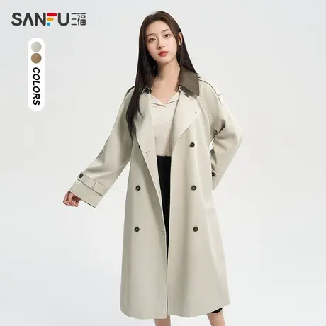 三福单外套2024春季皮质拼接翻领收腰腰带风衣上衣女装482258图片