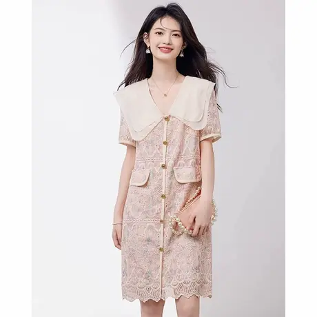 爵莱菲2025夏季新款法式复古蕾丝拼接娃娃领连衣裙女粉色大码裙子图片