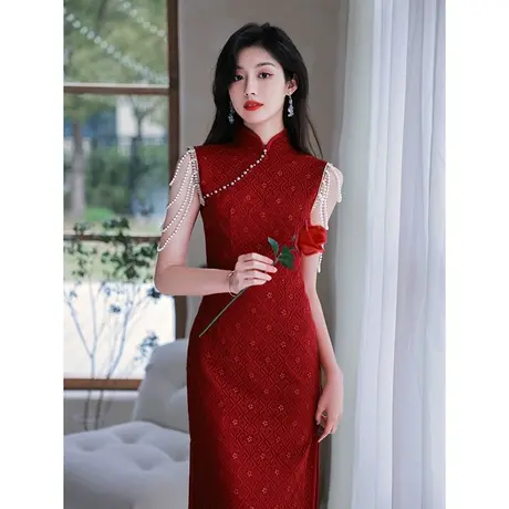 旗袍敬酒服新娘夏季酒红色结婚订婚回门礼服连衣裙女蕾丝肩流苏女图片