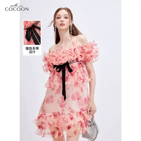 MISSCOCOON优雅碎花裙子2023新款夏季女装荷叶边一字领A字连衣裙图片