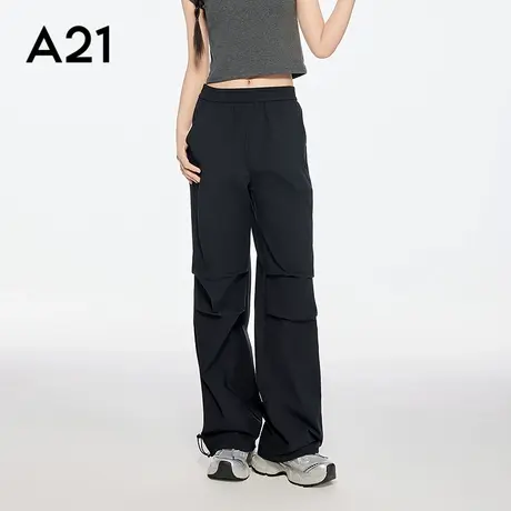 A21女装松紧腰薄休闲裤简约长裤褶皱抽绳宽松直筒裤图片