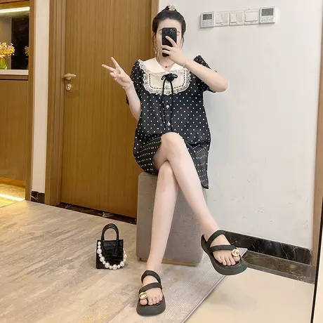娃娃领波点衬衫连衣裙女夏季遮肉显瘦气质轻熟中长裙子胖妹妹大码图片