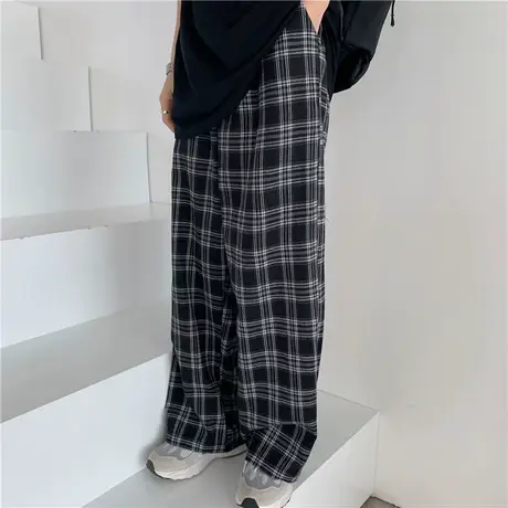 cec裤子女宽松高腰直筒显瘦百搭原宿风ins超火休闲格子拖地阔腿裤图片