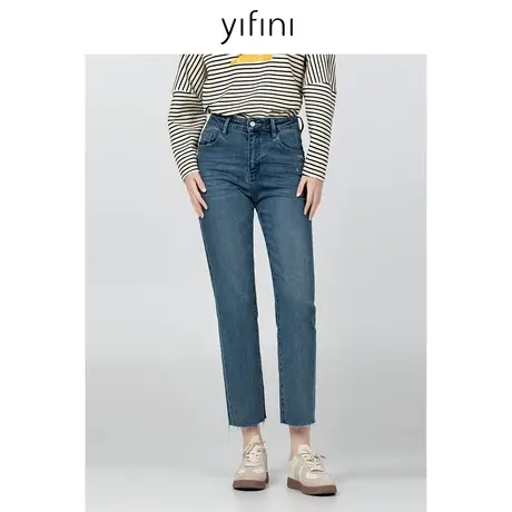 Yifini/易菲保暖加绒牛仔小脚裤女2023冬季新款复古通勤九分裤图片