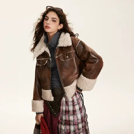 复古拼接加厚冬季外套美拉德2023新款羊羔毛棉服女设计感PU皮棉衣图片
