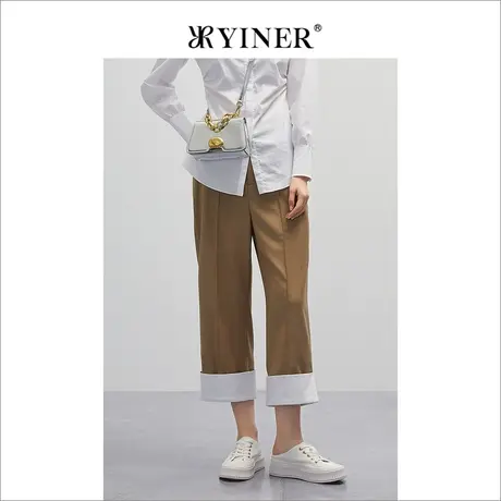 YINER音儿专柜女装2022春季新款撞色翻边直筒九分休闲裤图片