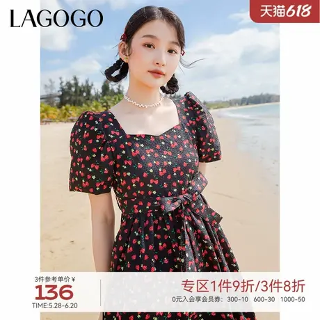 LAGOGO高腰方领碎花连衣裙女拉谷谷春夏新款法式甜美泡泡袖A字裙图片