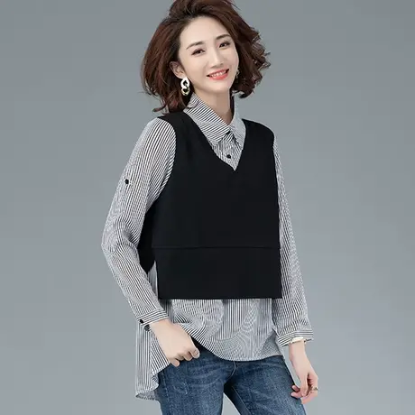 打底衫女春秋长袖t恤宽松2023新款潮早秋上衣假两件大码女装胖mm图片