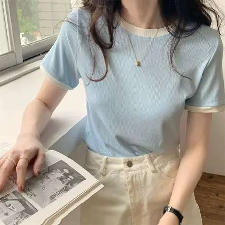 螺纹短袖T恤女2023秋冬新款纯色内搭弹力修身大圆领薄款体恤上衣图片