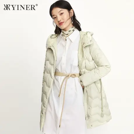 YINER音儿outlets 冬季新款条纹中长款连帽羽绒服图片