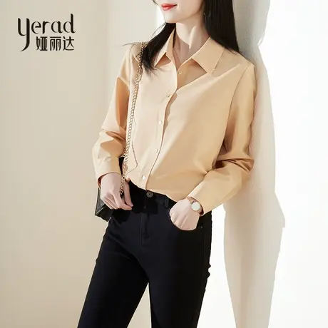 娅丽长袖衬衫女2024年春秋新款职业免烫抗皱内搭上衣黑色叠穿衬衣图片