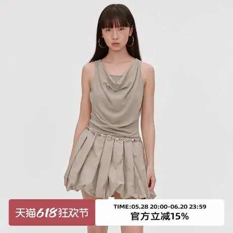 omont蛋挞家复古荡领收腰显瘦连衣裙2025夏云朵花苞无袖背心裙子图片