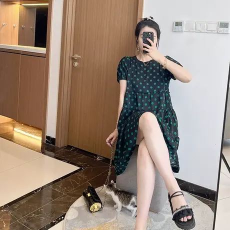 波点连衣裙大码胖mm遮腹洋气2023年新款短袖巨显瘦夏季裙子女装图片