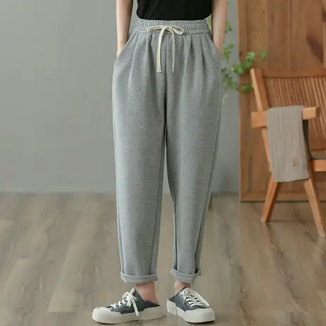 dza 高腰显瘦宽松哈伦裤子女百搭休闲长裤直筒阔腿裤灰色运动卫裤图片