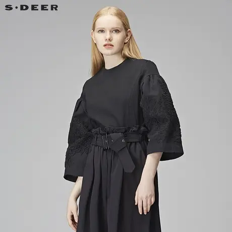 sdeer圣迪奥2018秋装潮黑色哥特风绣花短款公主袖卫衣女S17382270图片