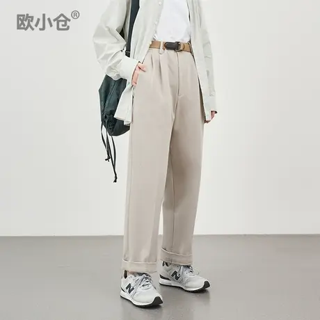 欧小仓芝士系列山系针织棉感双褶十分阔腿裤 city girl翻边工装裤图片