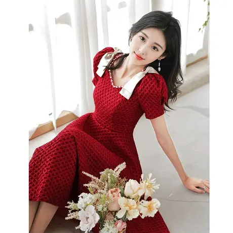 红色晚礼服裙轻奢小众高端小个子宴会气质订婚连衣裙新娘敬酒服女图片