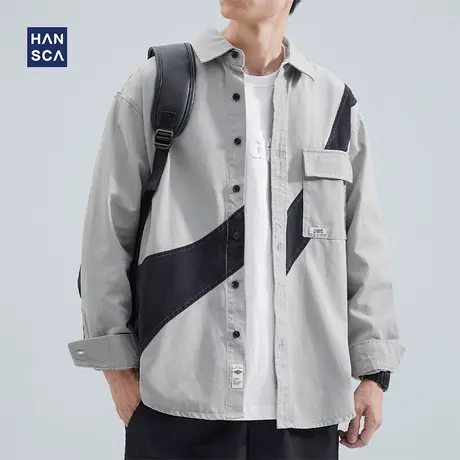 hansca衬衫外套男秋季新款潮牌撞色拼接纯棉重磅水洗休闲长袖上衣图片