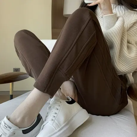 休闲运动裤女秋冬加绒2023新款小个子束脚咖啡色裤子女卫裤哈伦裤图片